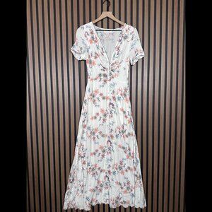 House of Bohemian Dress Small Womens Maxi Floral Henley Short Sleeve Boho